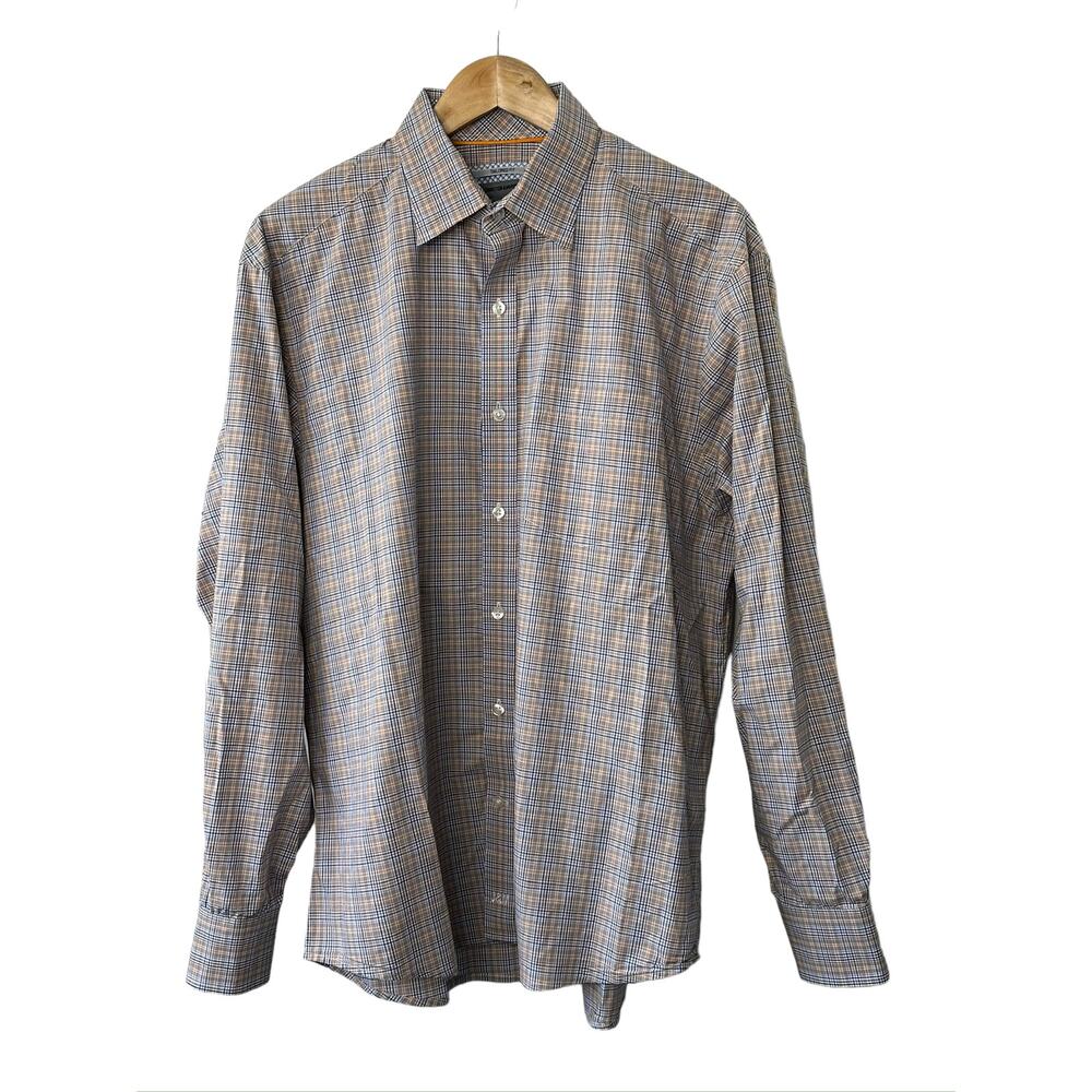 Johnston & Murphy Tailored Fit Orange Plaid Button-Up Long Sleeve Shirt Sz Large